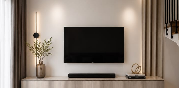 ایده نورپردازی دیوار TV با چراغ شمشیری